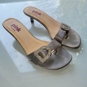 Vintage Y2K Kitten Heel Silver Mules with Rhinestone Buckle Size 37